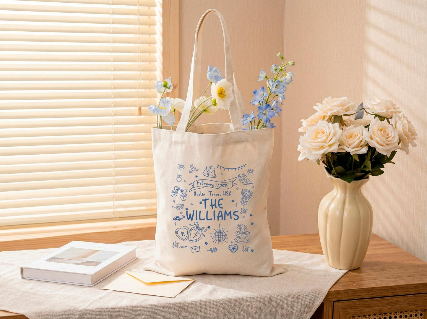 Personalized Canvas Tote Bag For Couple, Custom Family Name & Date, Wedding Shower Gift, Reusable Market Bag, Custom City State Print