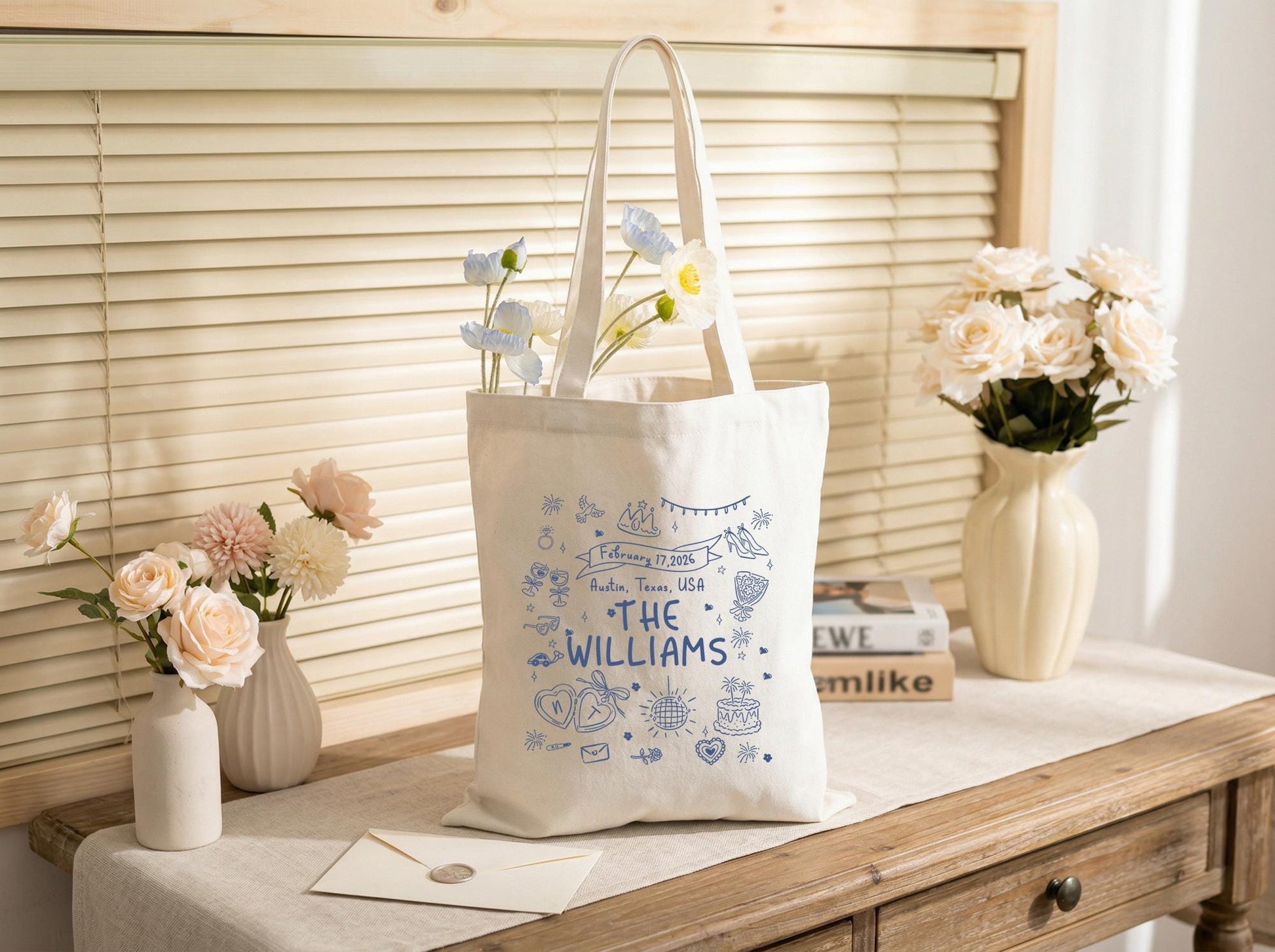 Personalized Canvas Tote Bag For Couple, Custom Family Name & Date, Wedding Shower Gift, Reusable Market Bag, Custom City State Print