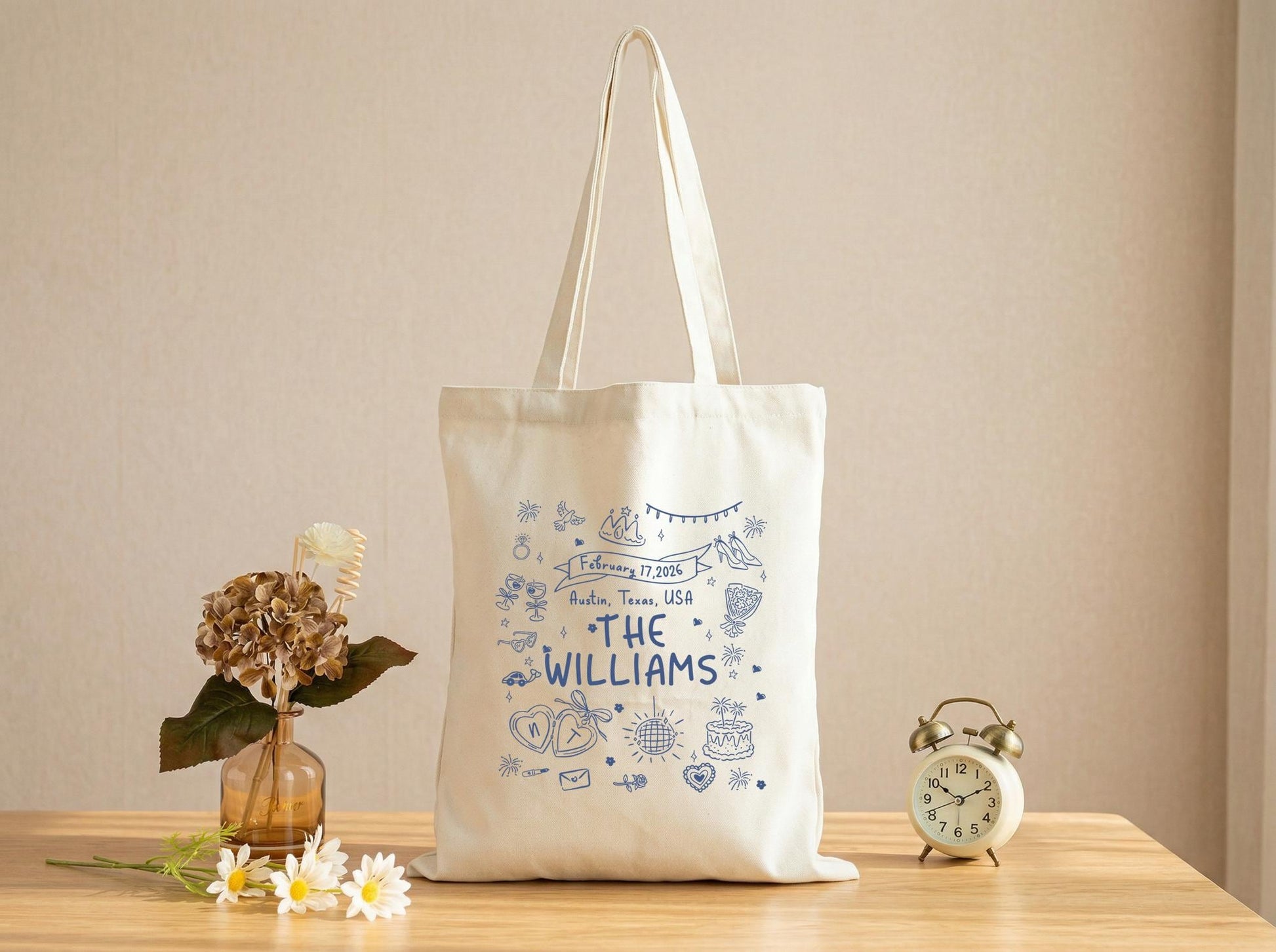 Personalized Canvas Tote Bag For Couple, Custom Family Name & Date, Wedding Shower Gift, Reusable Market Bag, Custom City State Print