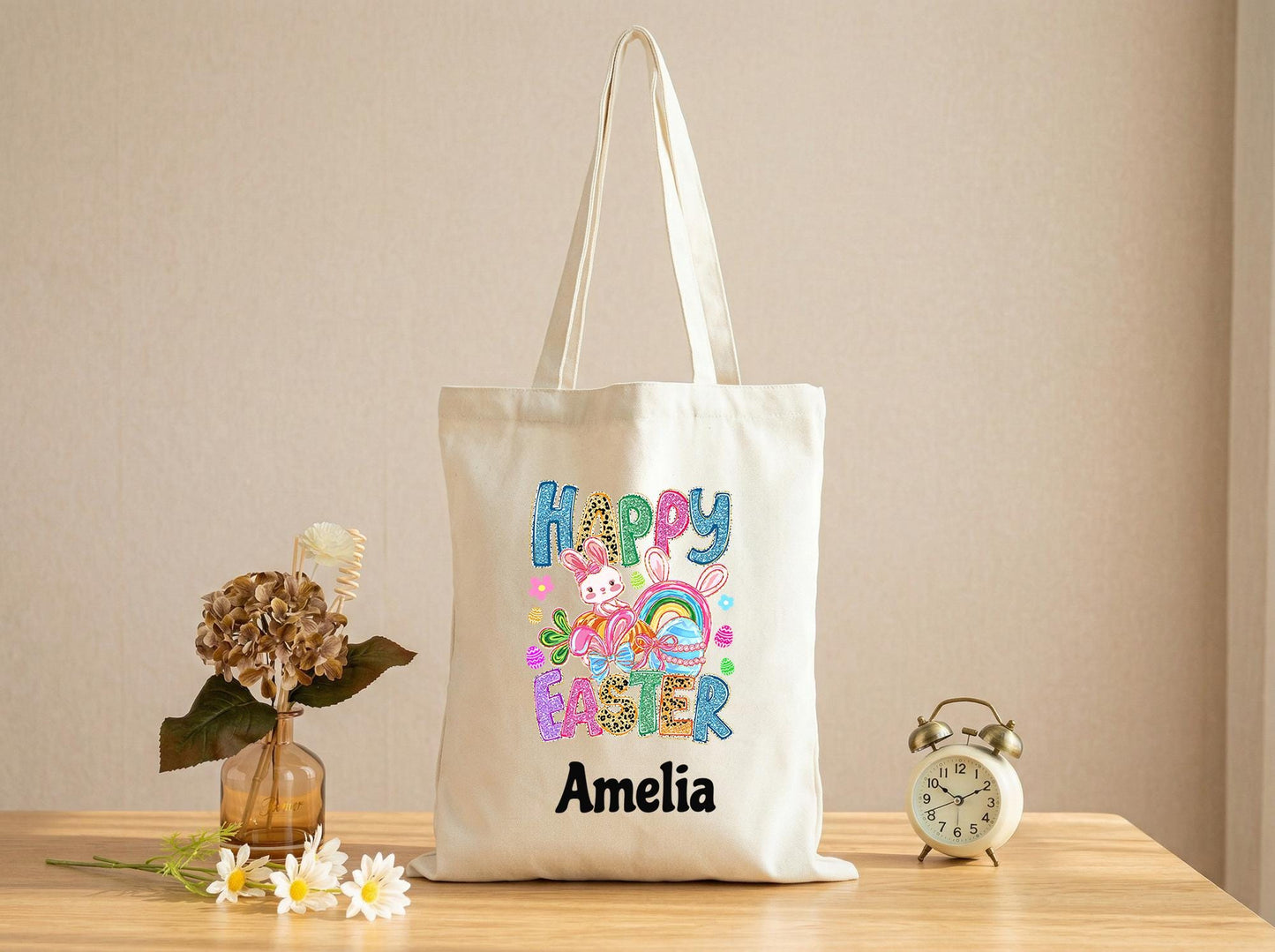 Easter Tote Bag Personalized Name For Kids, Bunny Egg Hunt Bag, Custom Family Gift From Mom, Reusable Spring Treat Bag