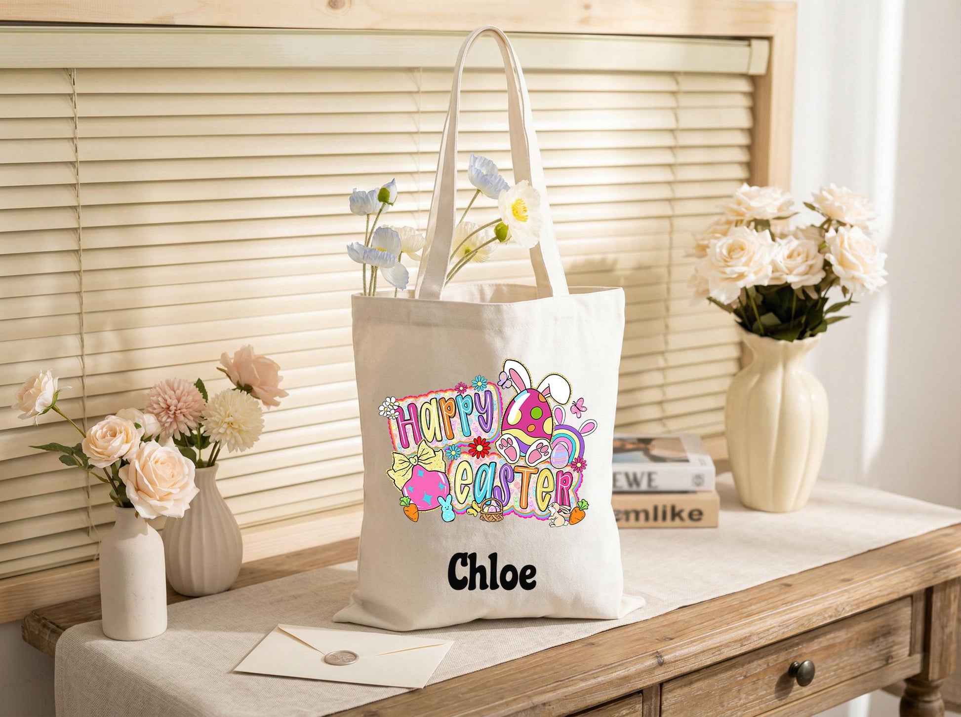 Canvas Tote Bag Personalized Name Happy Easter Design,Sweet Gift From Parents To Kids,Egg Hunt Keepsake Bag,Custom Easter Basket Alternative