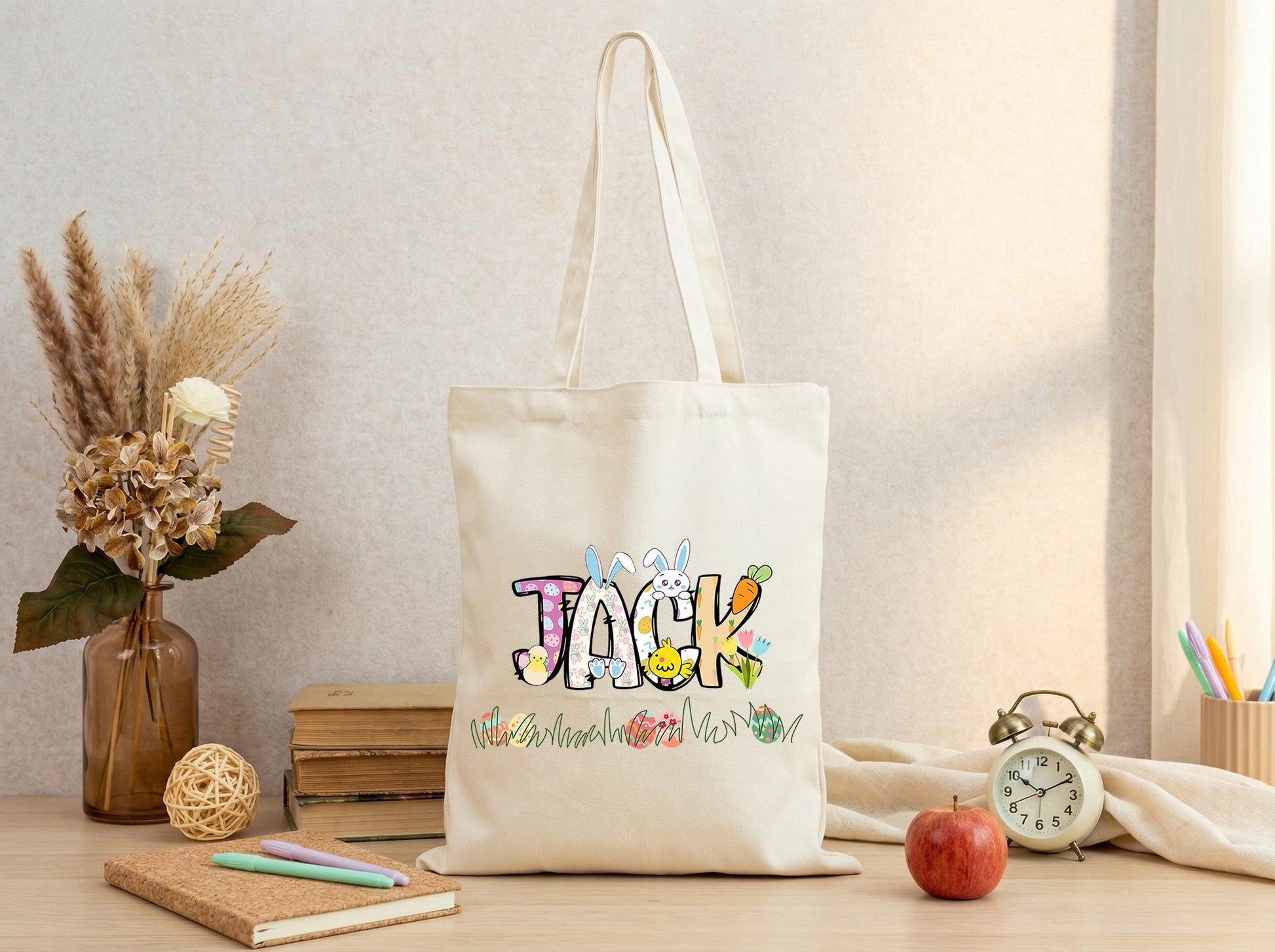 Canvas Tote Bag With Playful Doodle Name Graphic, Personalized Art Tote, Modern Cute Illustration Book Bag, Custom Text Carryall