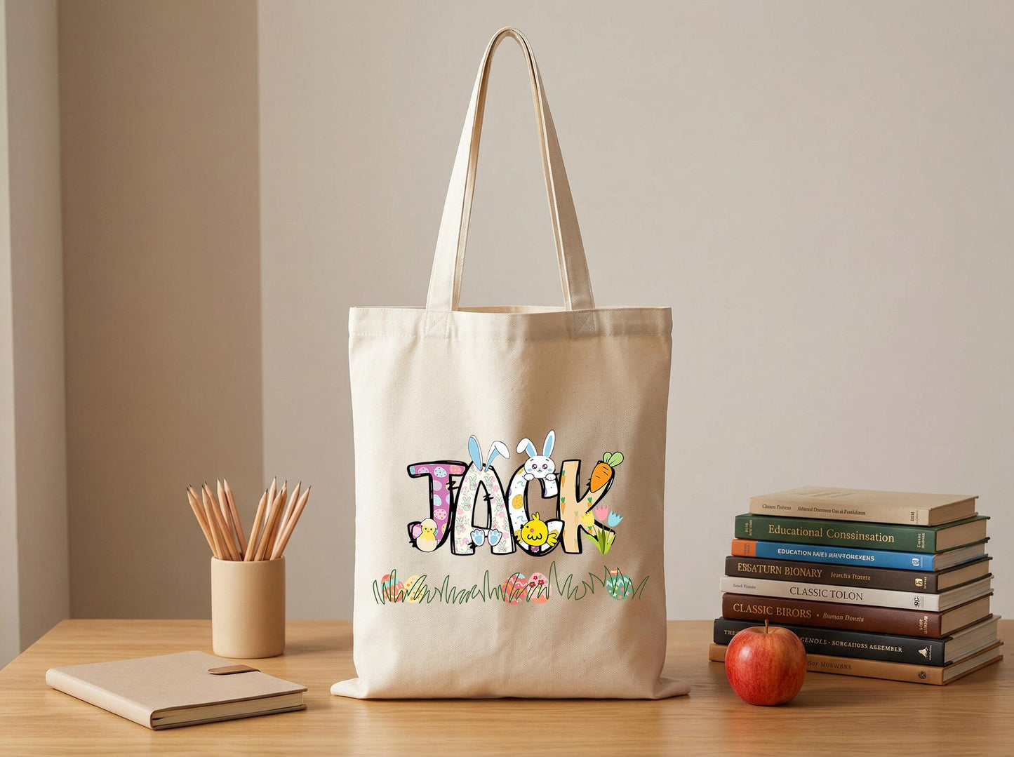 Canvas Tote Bag With Playful Doodle Name Graphic, Personalized Art Tote, Modern Cute Illustration Book Bag, Custom Text Carryall