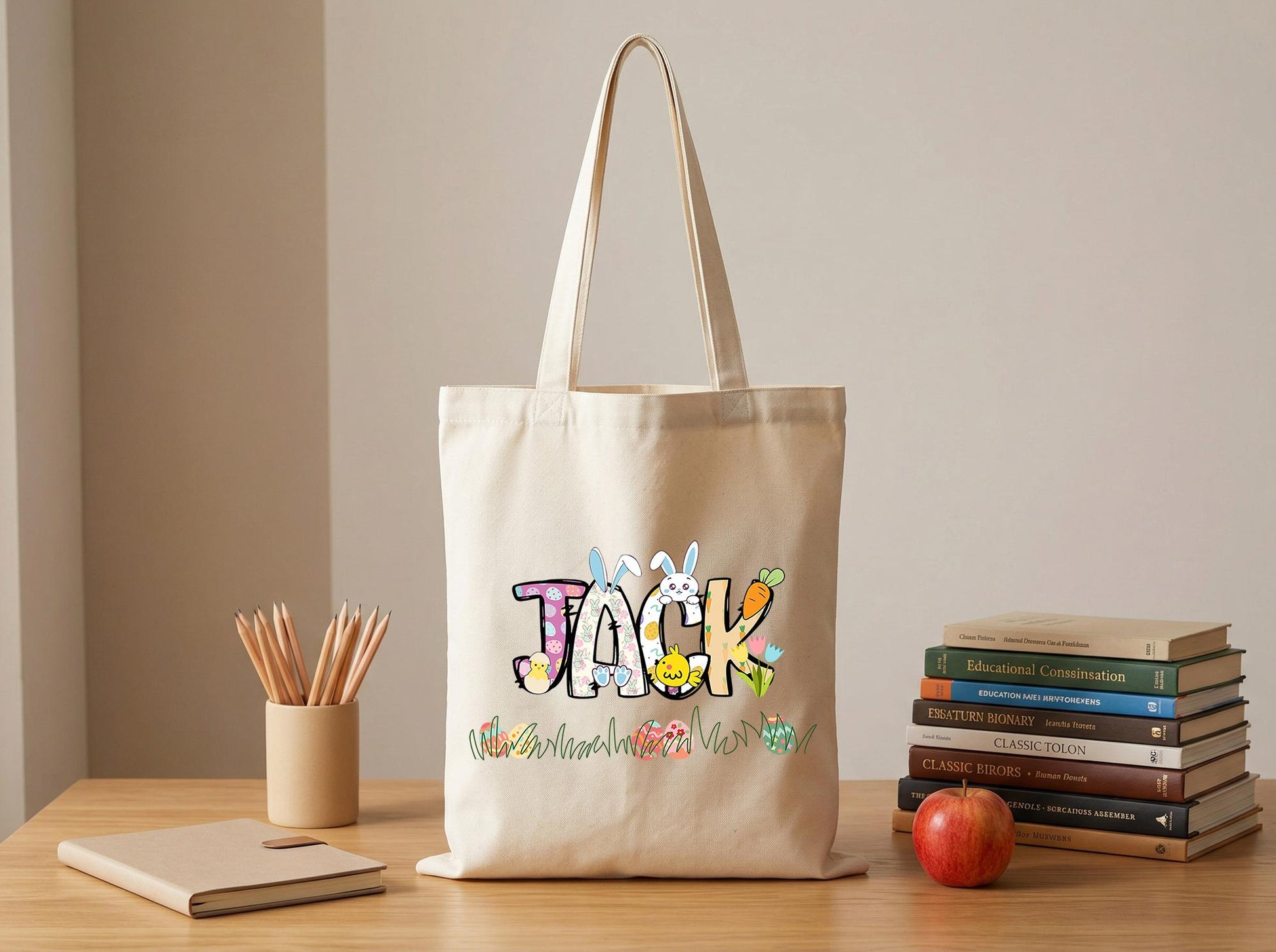Canvas Tote Bag With Playful Doodle Name Graphic, Personalized Art Tote, Modern Cute Illustration Book Bag, Custom Text Carryall