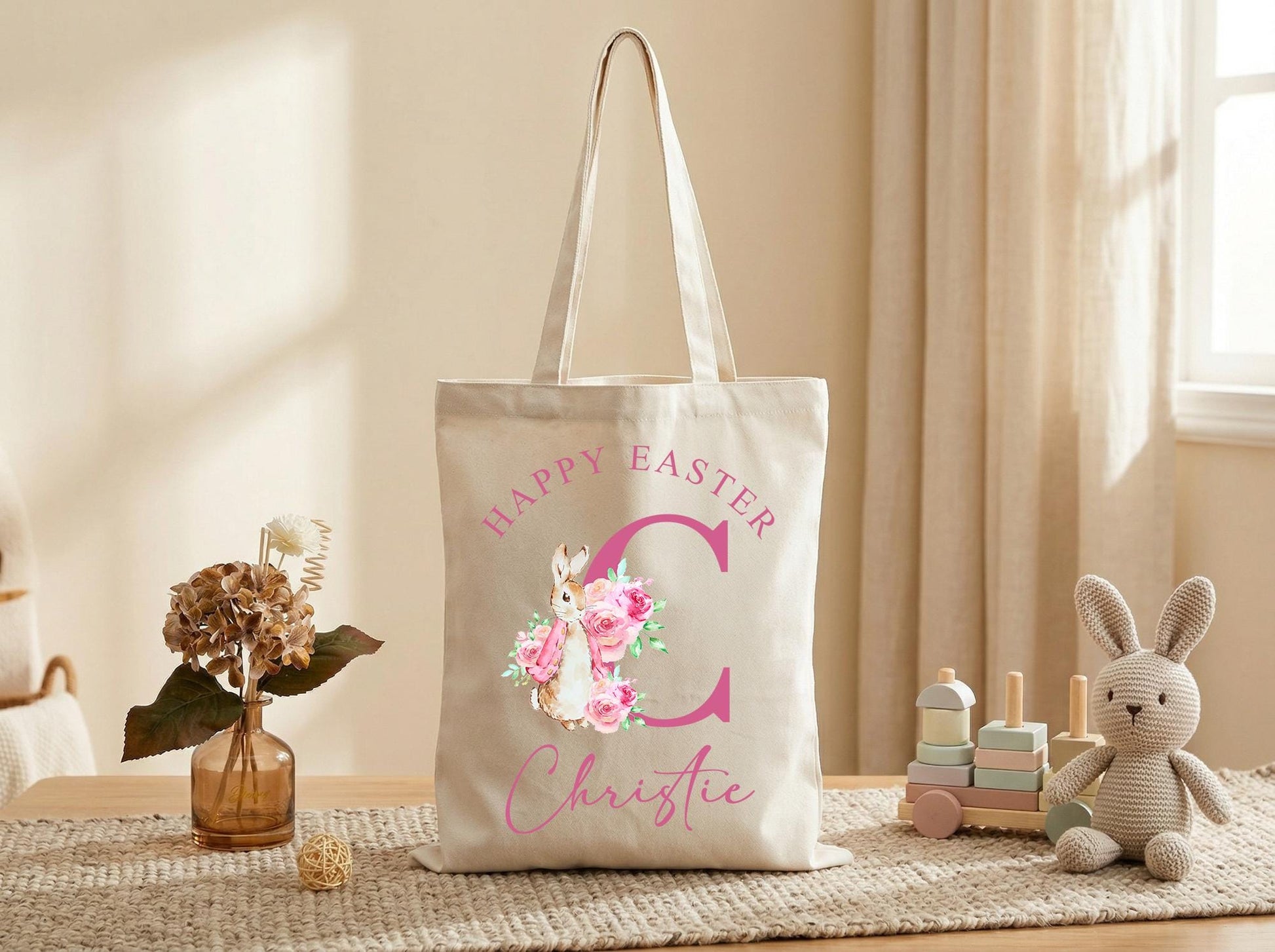 Canvas Tote Bag With Custom Initial And Name, Floral Monogram Keepsake Gift For Her, Thoughtful Personalized Bag For Easter Birthday
