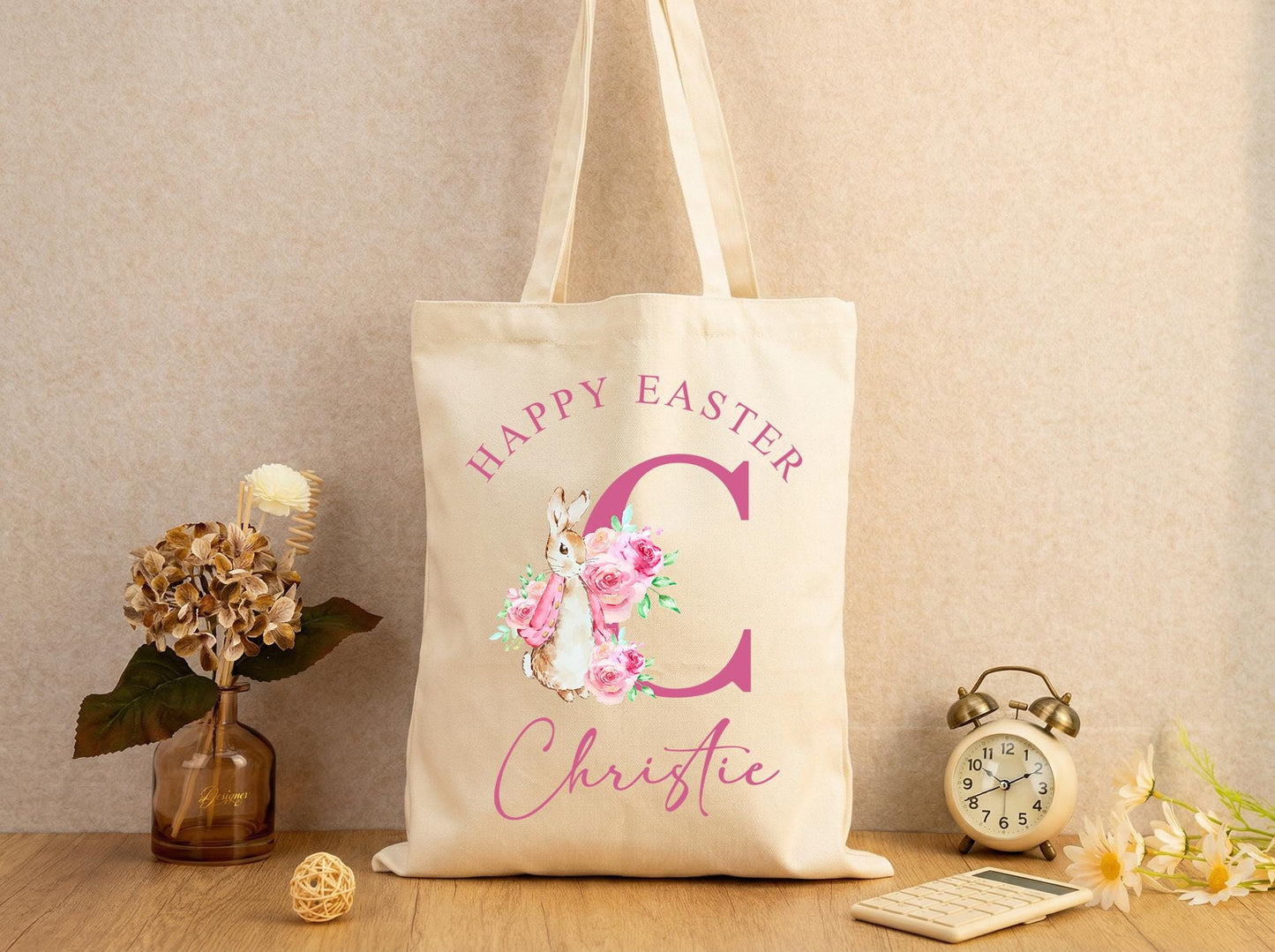 Canvas Tote Bag With Custom Initial And Name, Floral Monogram Keepsake Gift For Her, Thoughtful Personalized Bag For Easter Birthday