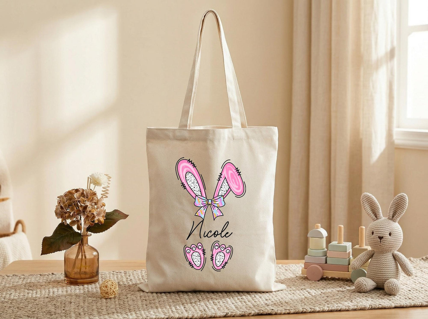 Canvas Tote Bag With Bunny Ears Name Print, Custom Gift For Her, Personalized Easter Tote, Thoughtful Best Friend Bag, Name Keepsake