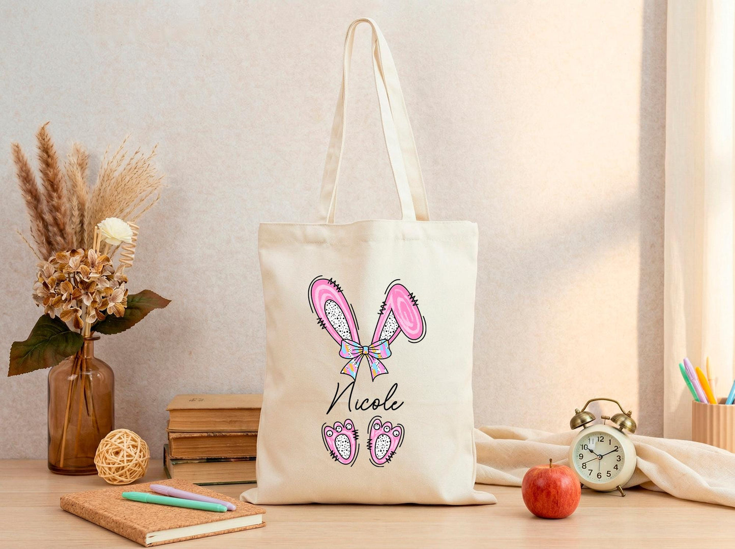 Canvas Tote Bag With Bunny Ears Name Print, Custom Gift For Her, Personalized Easter Tote, Thoughtful Best Friend Bag, Name Keepsake