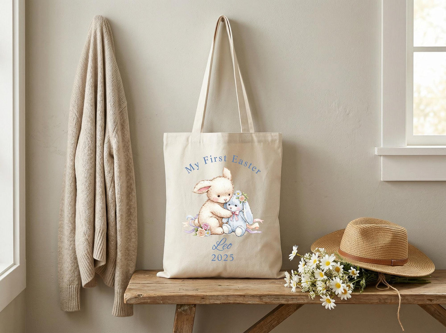 Canvas Tote Bag Bunny Print, Personalized Name Year, 2026 Spring Easter Basket Tote, First Easter Keepsake, Seasonal Gift Idea