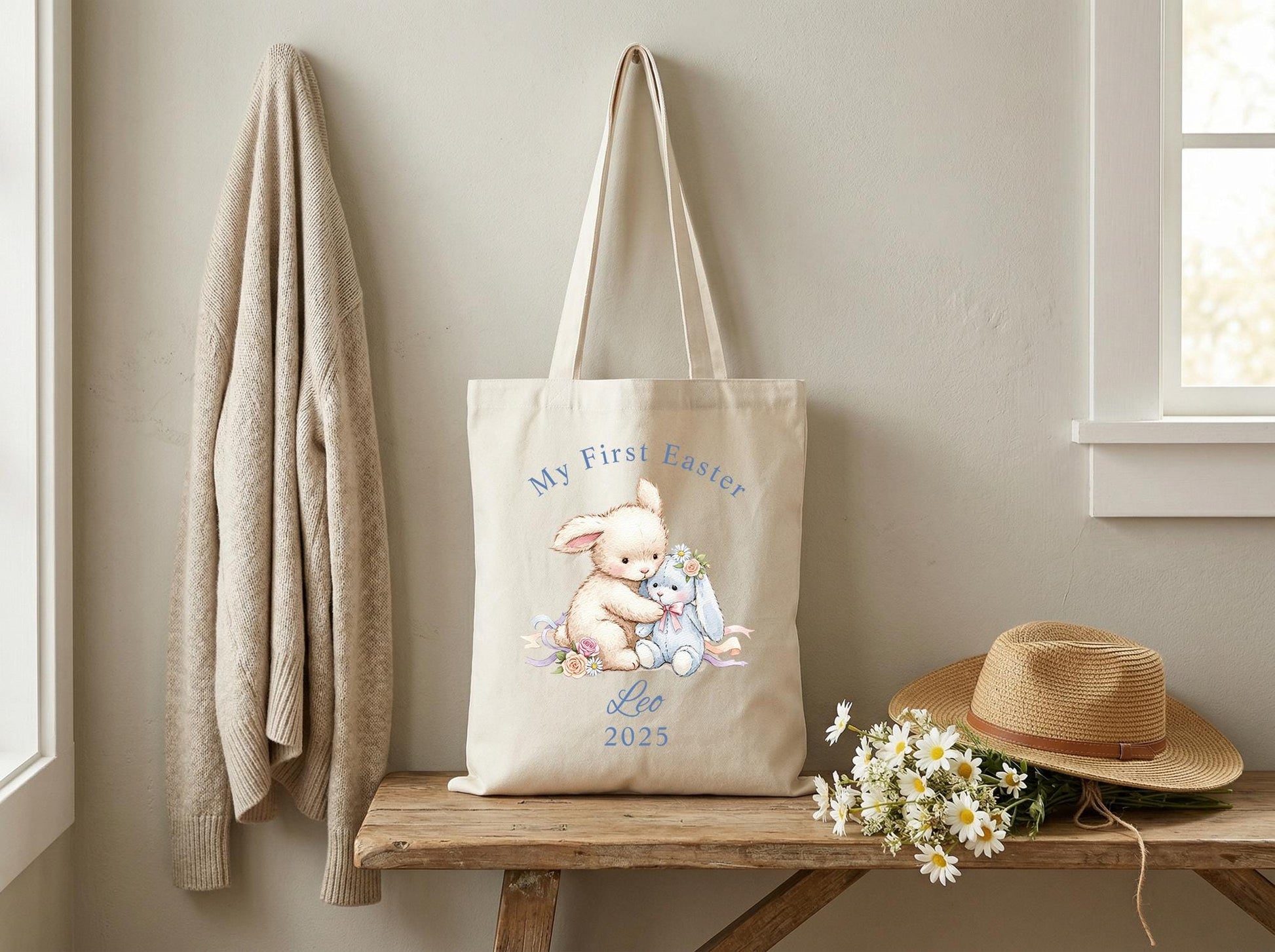 Canvas Tote Bag Bunny Print, Personalized Name Year, 2026 Spring Easter Basket Tote, First Easter Keepsake, Seasonal Gift Idea