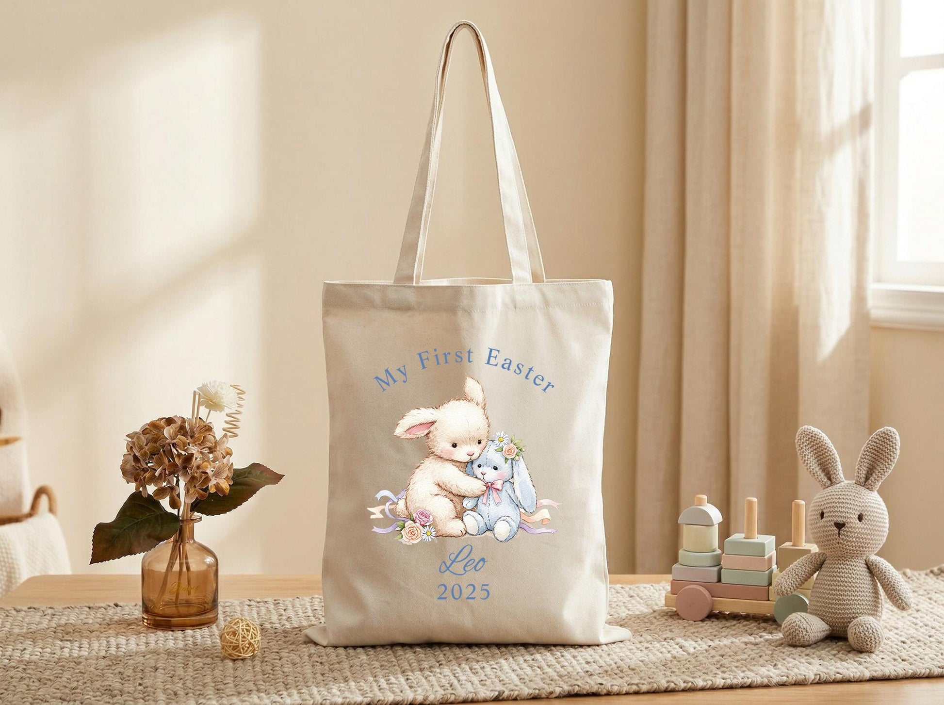 Canvas Tote Bag Bunny Print, Personalized Name Year, 2026 Spring Easter Basket Tote, First Easter Keepsake, Seasonal Gift Idea