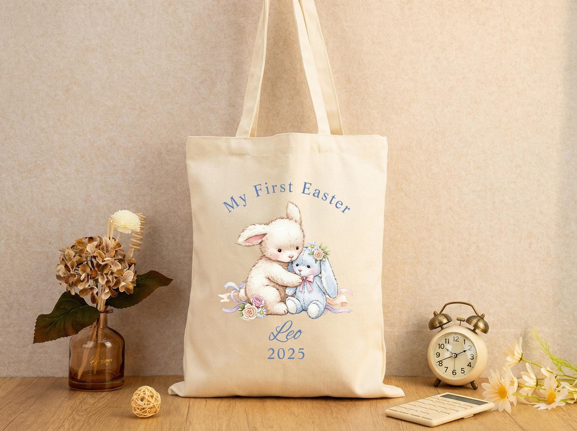 Canvas Tote Bag Bunny Print, Personalized Name Year, 2026 Spring Easter Basket Tote, First Easter Keepsake, Seasonal Gift Idea