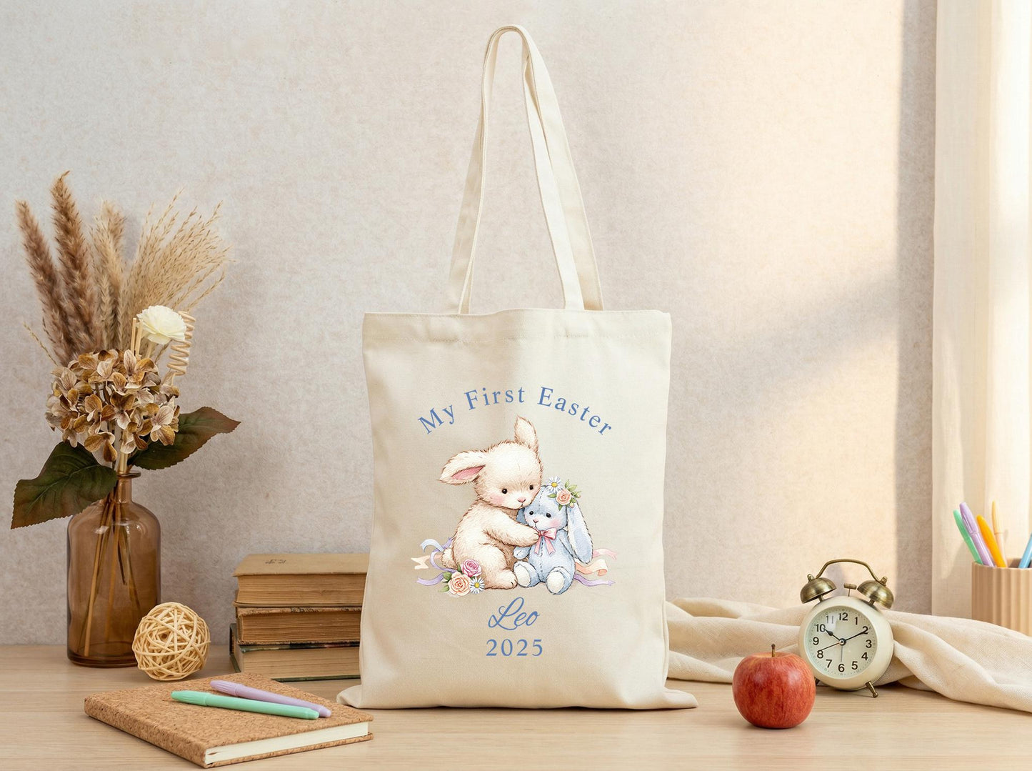 Canvas Tote Bag Bunny Print, Personalized Name Year, 2026 Spring Easter Basket Tote, First Easter Keepsake, Seasonal Gift Idea