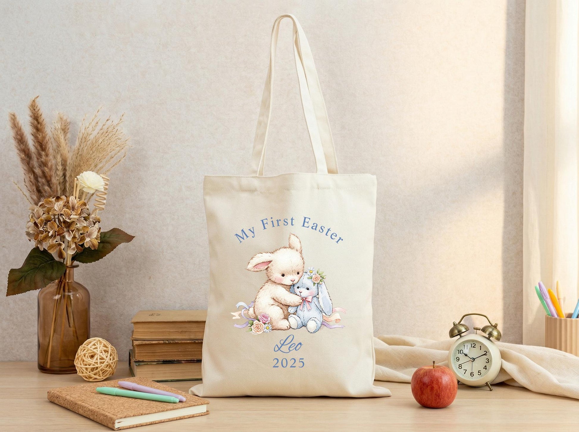 Canvas Tote Bag Bunny Print, Personalized Name Year, 2026 Spring Easter Basket Tote, First Easter Keepsake, Seasonal Gift Idea