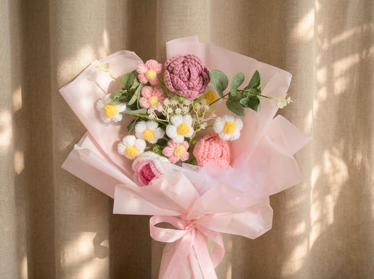 Crochet Flower Bouquet Handmade Gift, Knitted Rose Bouquet For Her, Forever Flower Arrangement For Mom, Teacher, Birthday, Home Decor