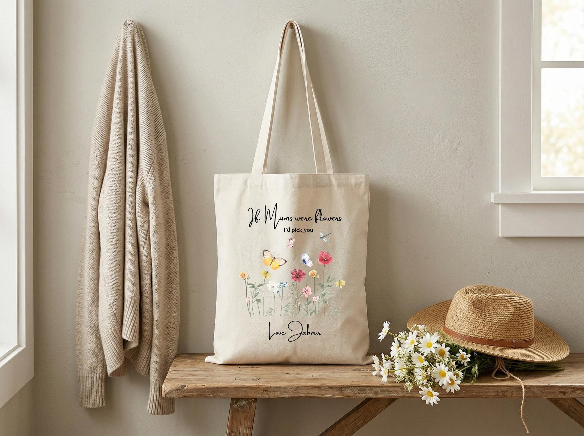 Personalized Mom Tote Bag Wildflower Canvas Tote Gift for Mom from Daughter Son Custom Mothers Day Gift Floral Butterfly Tote Birthday Gift