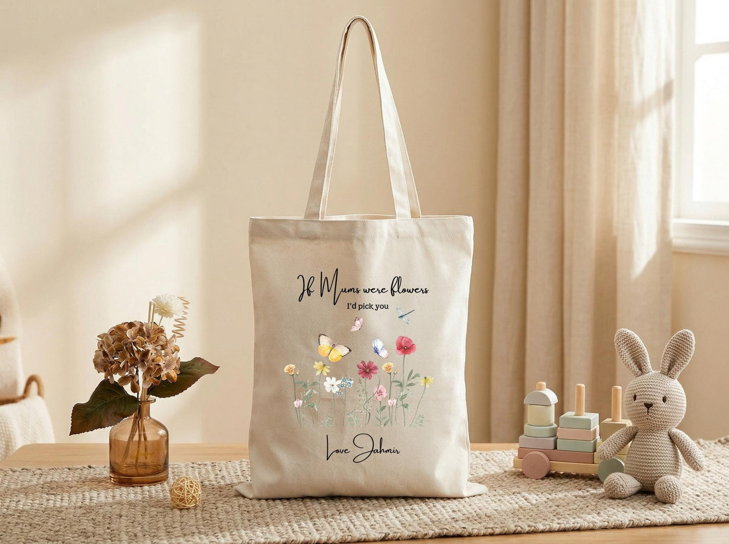 Personalized Mom Tote Bag Wildflower Canvas Tote Gift for Mom from Daughter Son Custom Mothers Day Gift Floral Butterfly Tote Birthday Gift
