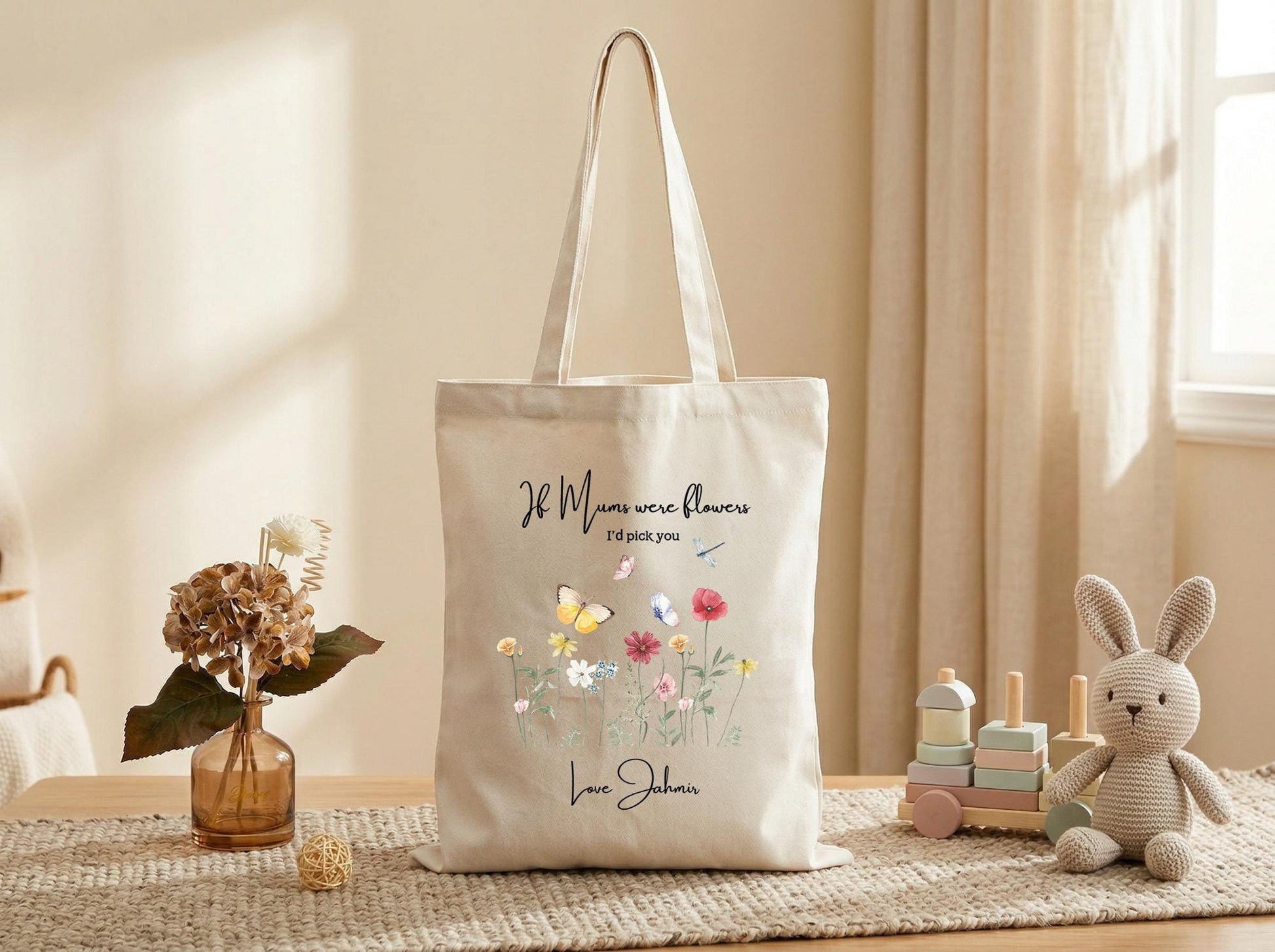 Personalized Mom Tote Bag Wildflower Canvas Tote Gift for Mom from Daughter Son Custom Mothers Day Gift Floral Butterfly Tote Birthday Gift
