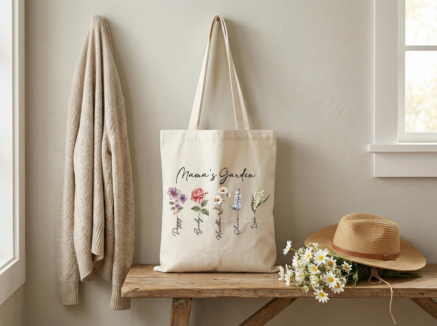 Personalized Mama Tote Bag Wildflower Canvas Tote Gift for Mom Custom Mothers Garden Bag Mothers Day Gift from Kids Birthday Christmas Gift