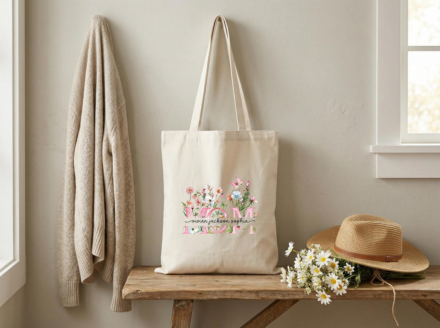 Personalized Mama Tote Bag Floral Canvas Tote Gift for Mom Custom Name Mom Bag Mothers Day Gift from Kids Birthday Christmas Gift for Mama
