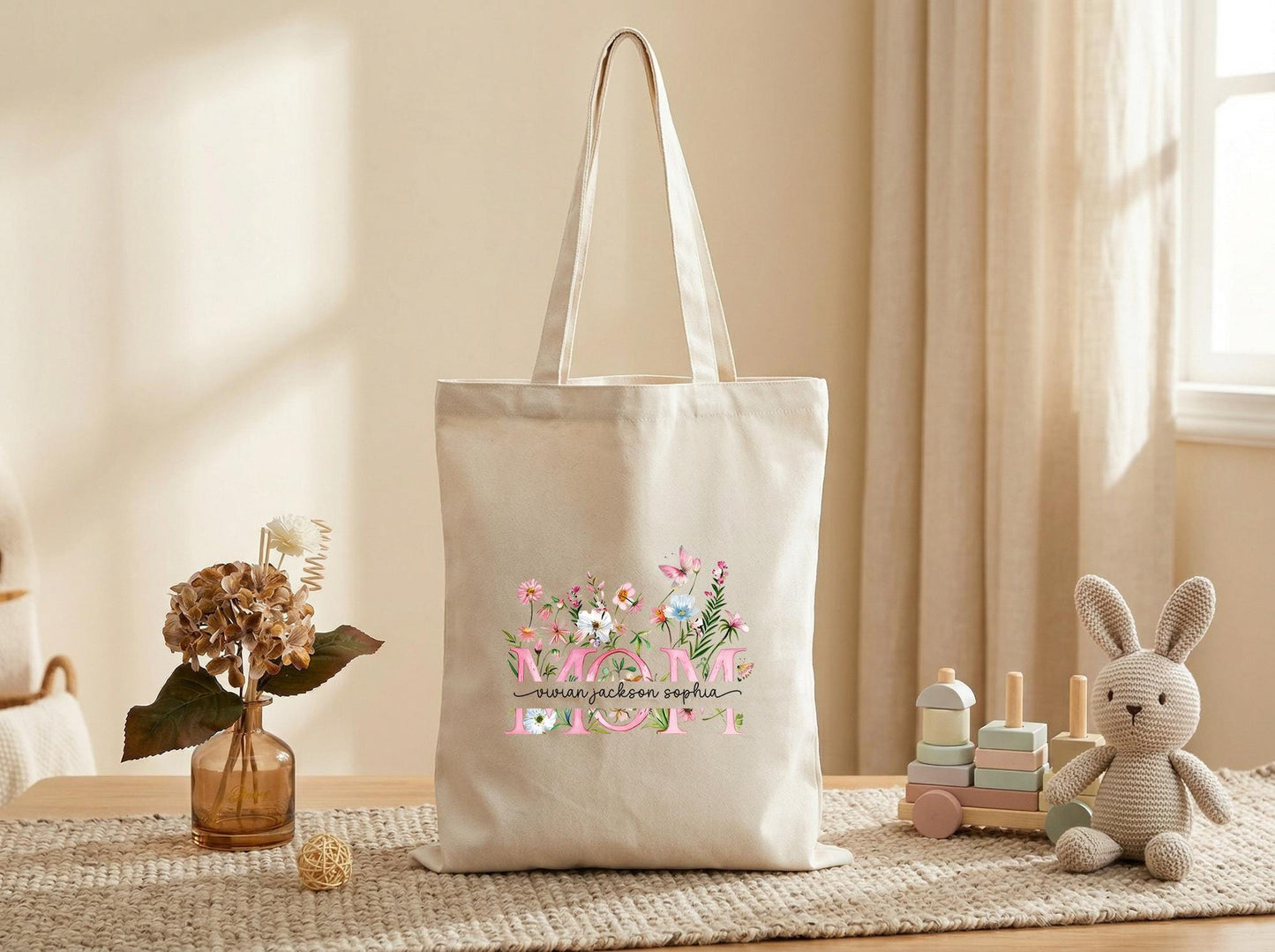 Personalized Mama Tote Bag Floral Canvas Tote Gift for Mom Custom Name Mom Bag Mothers Day Gift from Kids Birthday Christmas Gift for Mama