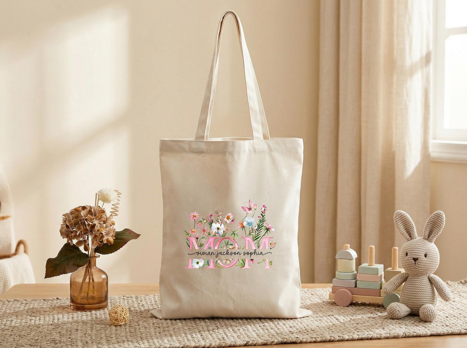 Personalized Mama Tote Bag Floral Canvas Tote Gift for Mom Custom Name Mom Bag Mothers Day Gift from Kids Birthday Christmas Gift for Mama