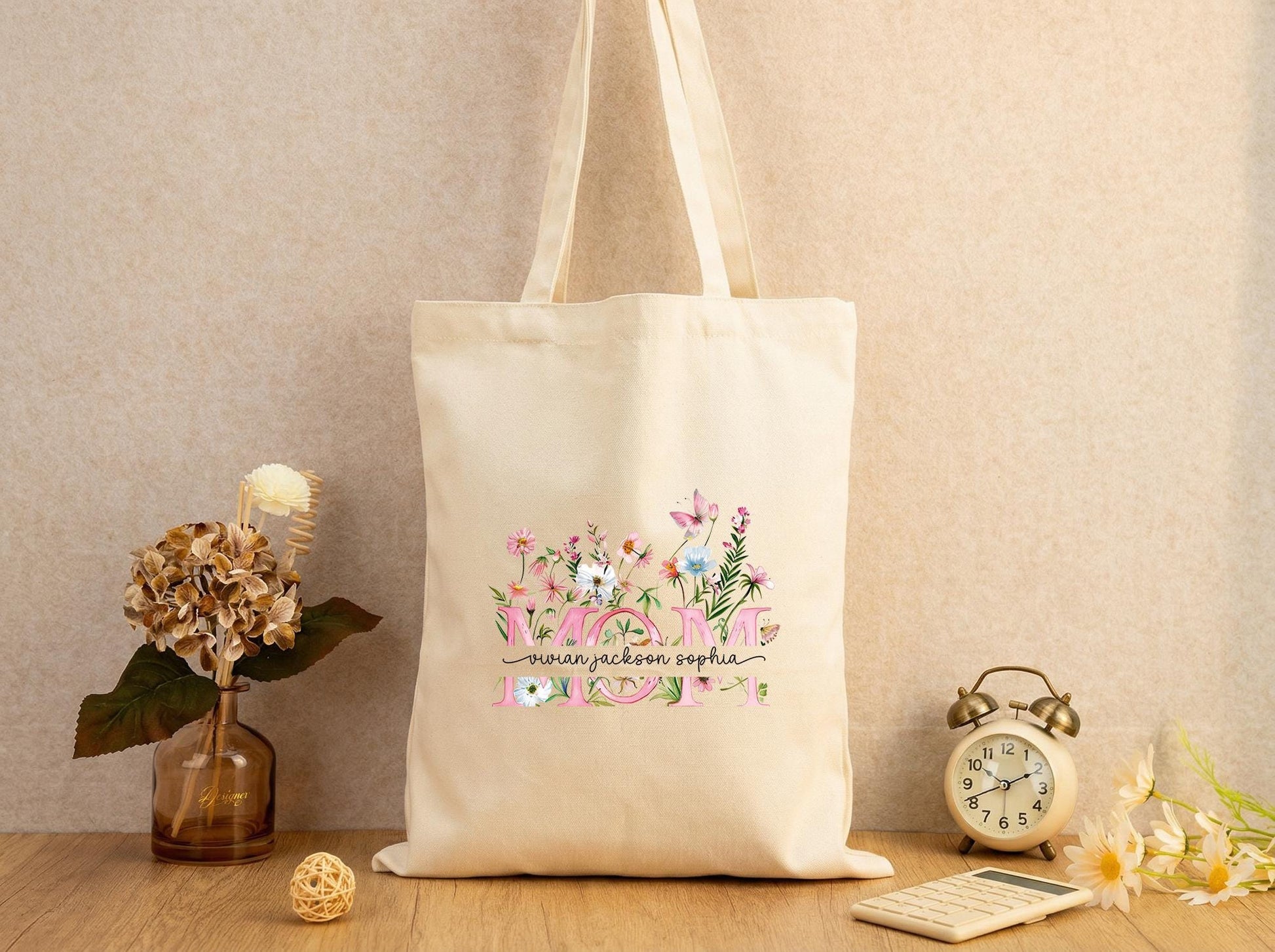 Personalized Mama Tote Bag Floral Canvas Tote Gift for Mom Custom Name Mom Bag Mothers Day Gift from Kids Birthday Christmas Gift for Mama
