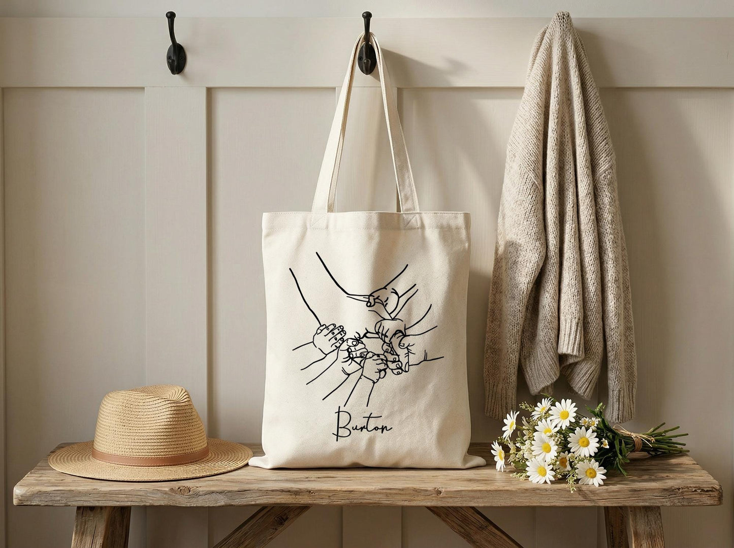 Personalized Family Hands Tote Bag Custom Line Art Canvas Tote Bag Gift for Mom Grandma Mother's Day Gift Personalized Family Keepsake Bag