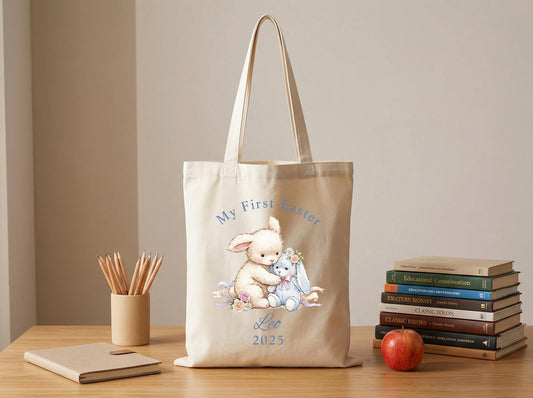 Canvas Tote Bag Bunny Print, Personalized Name Year, 2026 Spring Easter Basket Tote, First Easter Keepsake, Seasonal Gift Idea