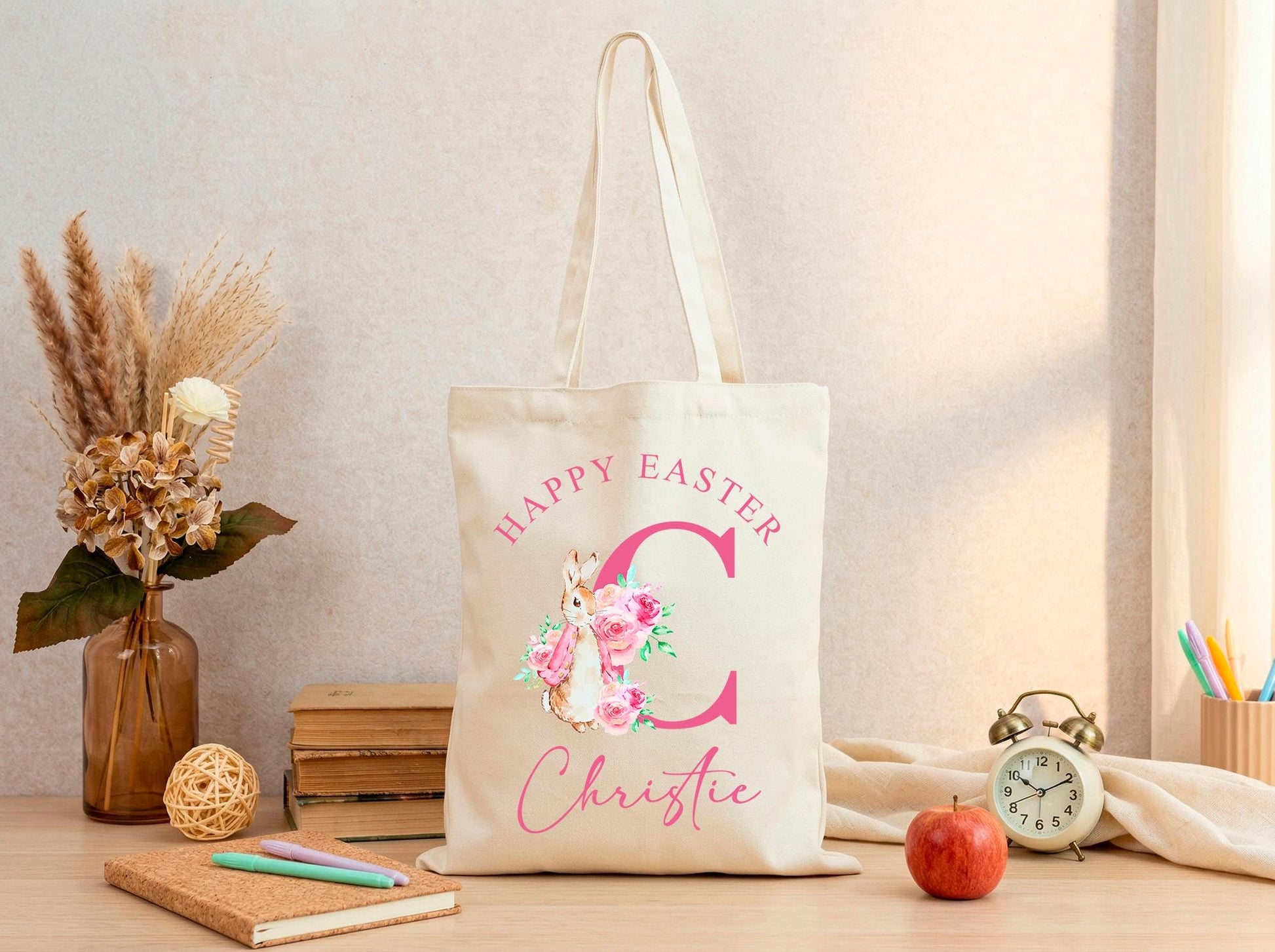 Canvas Tote Bag With Custom Initial And Name, Floral Monogram Keepsake Gift For Her, Thoughtful Personalized Bag For Easter Birthday