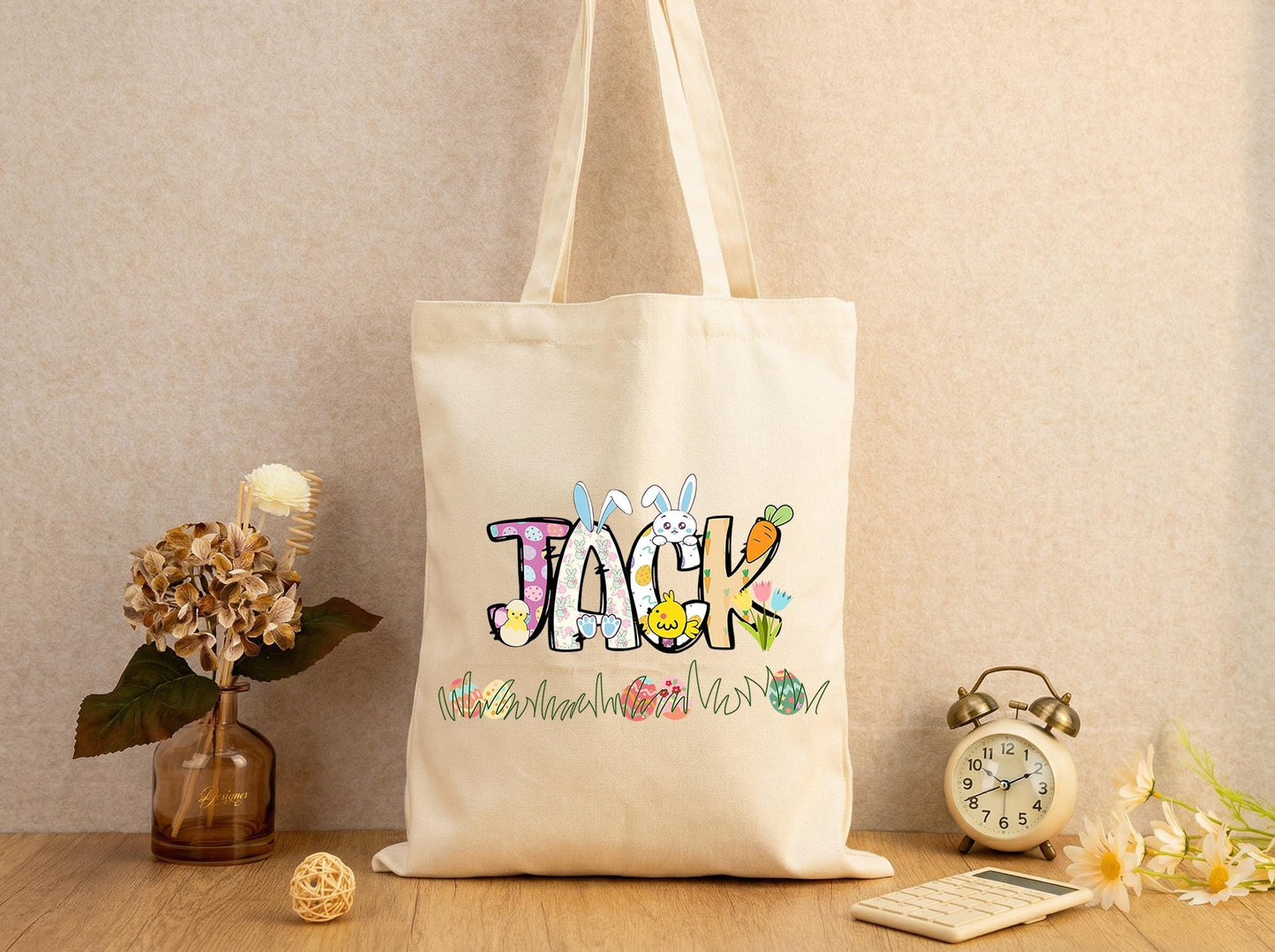 Canvas Tote Bag With Playful Doodle Name Graphic, Personalized Art Tote, Modern Cute Illustration Book Bag, Custom Text Carryall
