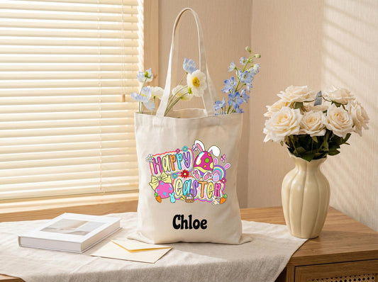 Canvas Tote Bag Personalized Name Happy Easter Design,Sweet Gift From Parents To Kids,Egg Hunt Keepsake Bag,Custom Easter Basket Alternative