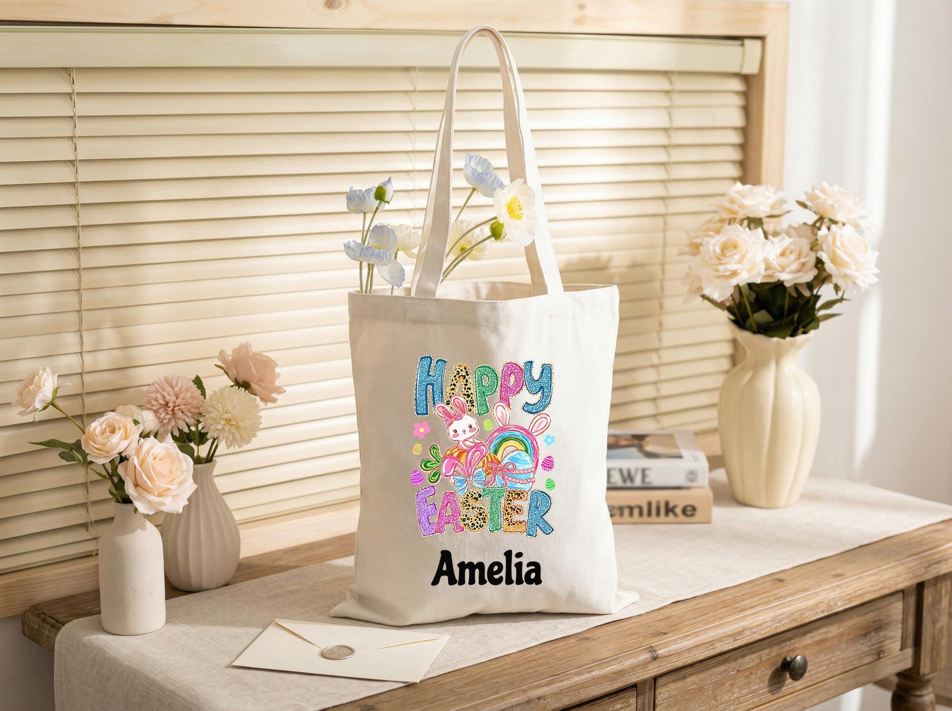 Easter Tote Bag Personalized Name For Kids, Bunny Egg Hunt Bag, Custom Family Gift From Mom, Reusable Spring Treat Bag