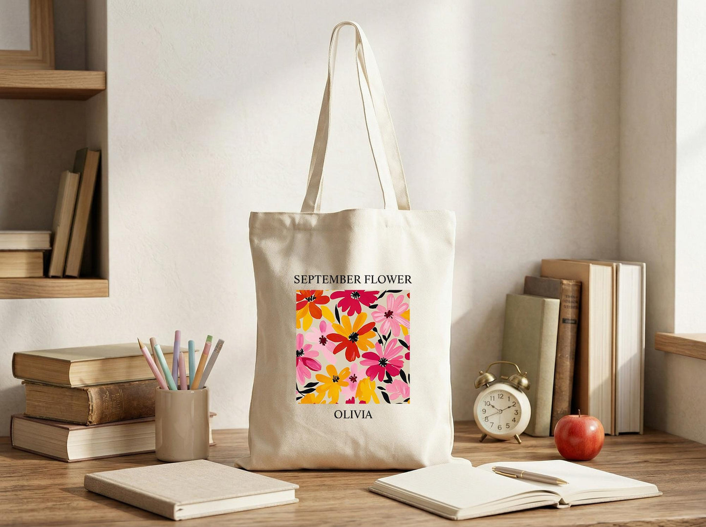 Cotton Canvas Tote Bag, Personalized Birth Flower Name, September Flower, Teacher Tote, Book Club Bag, Reader And Planner Carryall