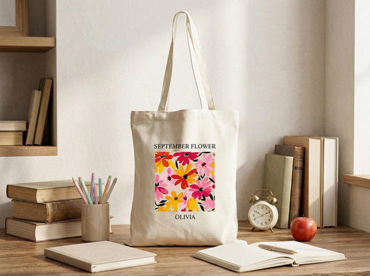 Cotton Canvas Tote Bag, Personalized Birth Flower Name, September Flower, Teacher Tote, Book Club Bag, Reader And Planner Carryall