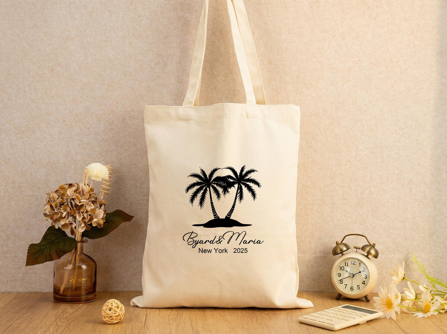Canvas Tote Bag Personalized Palm Tree Names Date | Gift For Newlyweds, Engagement Present, Anniversary Keepsake, Custom Couple Tote