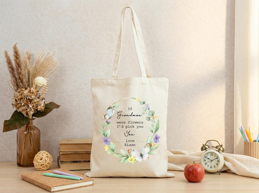 Personalized Grandma Tote Bag Floral Wreath Canvas Tote Gift for Grandma from Grandkids Grandmother Gift Mothers Day Birthday Christmas Gift
