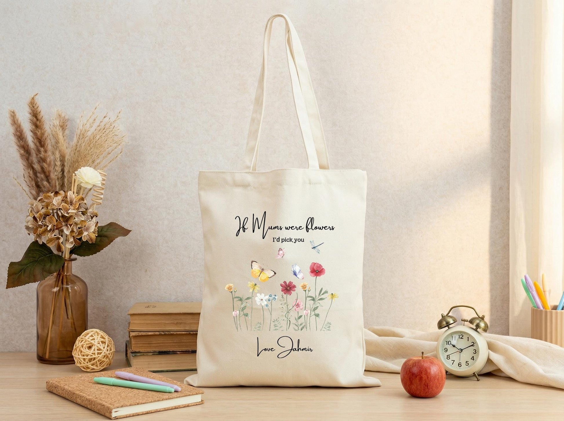 Personalized Mom Tote Bag Wildflower Canvas Tote Gift for Mom from Daughter Son Custom Mothers Day Gift Floral Butterfly Tote Birthday Gift