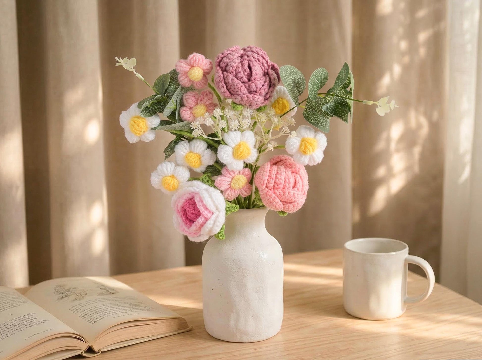 Handmade Crochet Bouquet Gift, Forever Flower Bouquet For Mom Wife Girlfriend Teacher, Knitted Floral Arrangement For Birthday Mothers Day