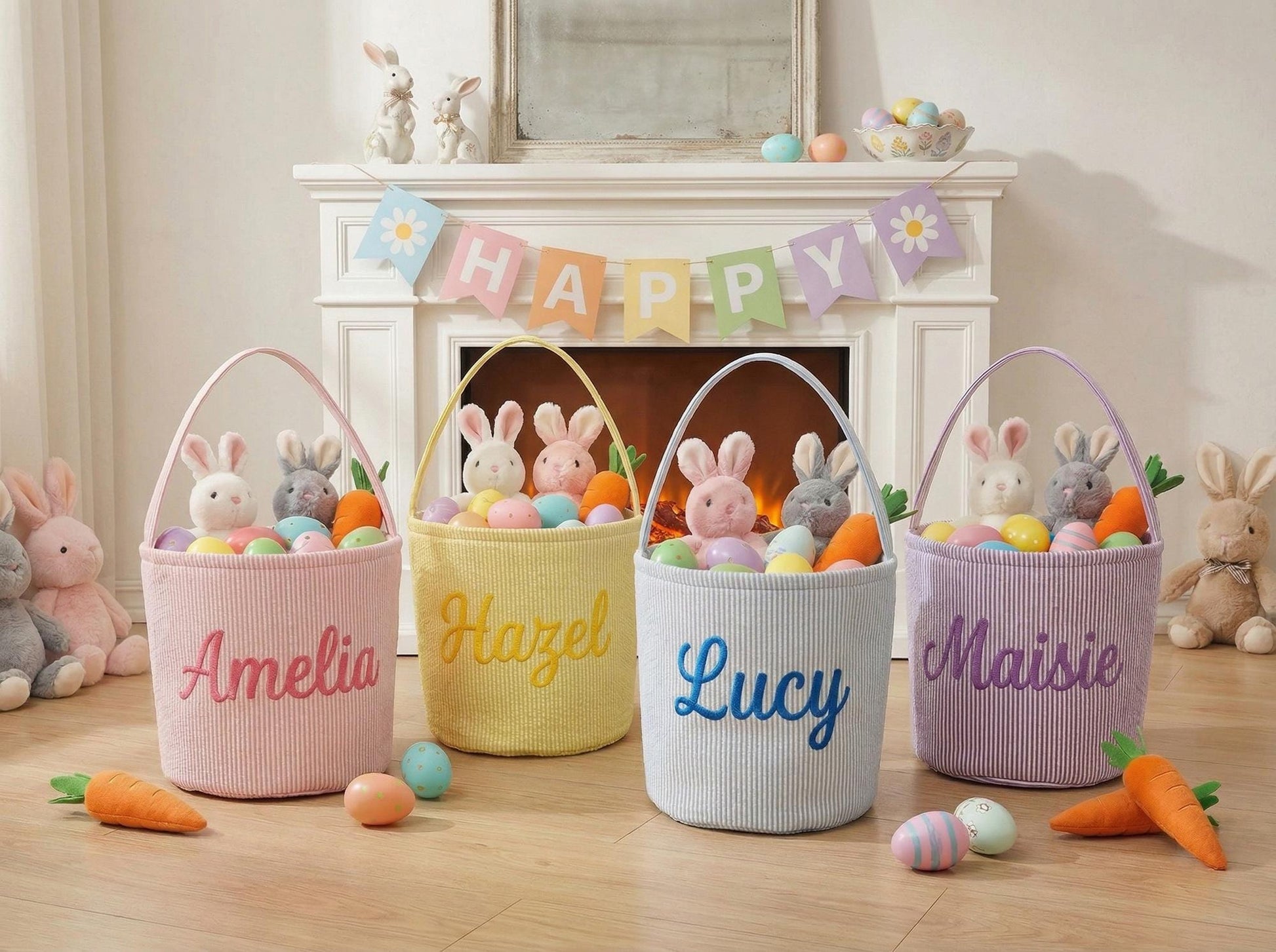 Embroidered Easter Basket With Name, Personalized Seersucker Bunny Bag, Printed or Blank Kids Easter Basket Gift