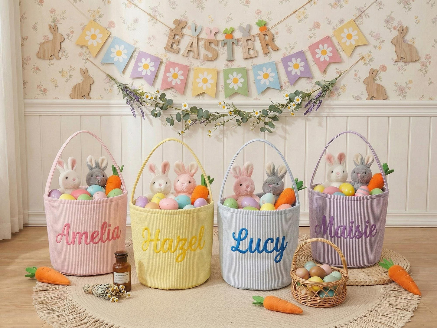 Embroidered Easter Basket With Name, Personalized Seersucker Bunny Bag, Printed or Blank Kids Easter Basket Gift