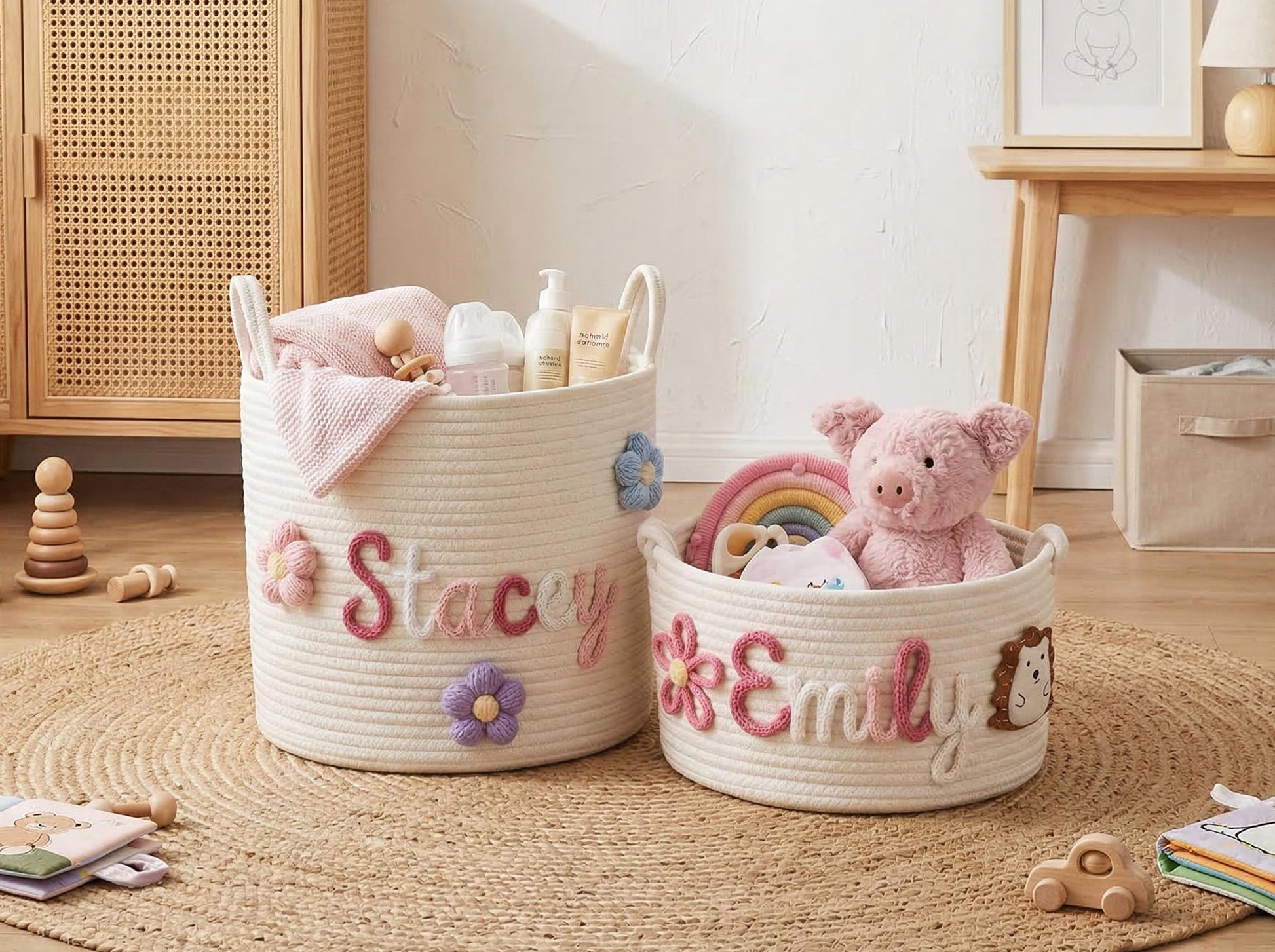 Personalized Girl Basket, Custom Name Storage Basket, Pink Nursery Decor, Handmade Cotton Toy Bin, Baby Girl Gift