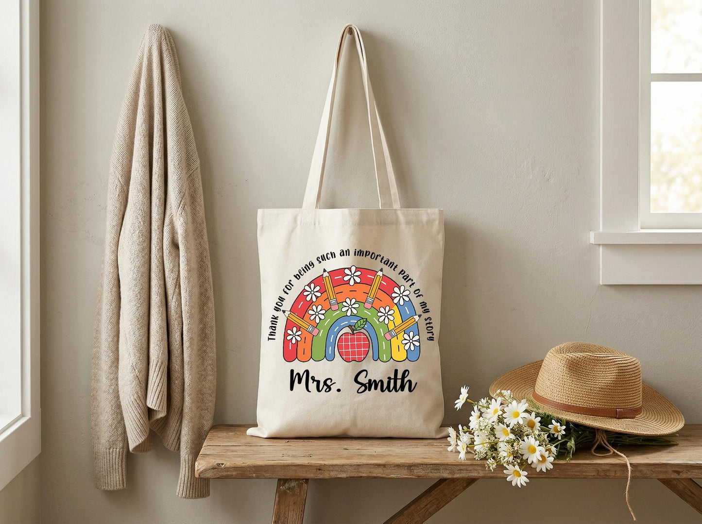 Canvas Tote Bag Teacher Gift Rainbow Apple Personalized Name