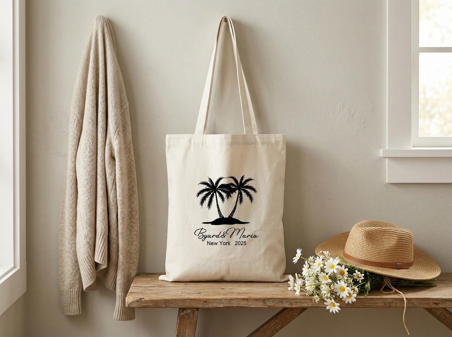 Canvas Tote Bag Personalized Palm Tree Names Date | Gift For Newlyweds, Engagement Present, Anniversary Keepsake, Custom Couple Tote