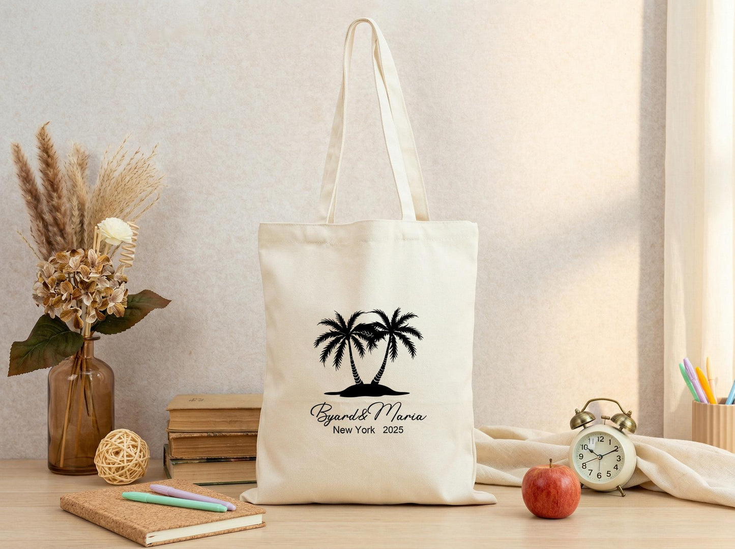 Canvas Tote Bag Personalized Palm Tree Names Date | Gift For Newlyweds, Engagement Present, Anniversary Keepsake, Custom Couple Tote