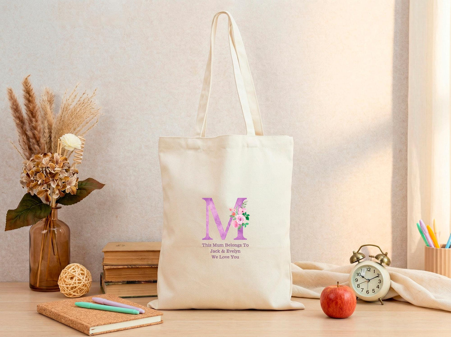 Cotton Canvas Tote Bag Personalized Monogram Initial, New Teacher Thank You Gift, Floral Letter Carryall For Everyday Errands