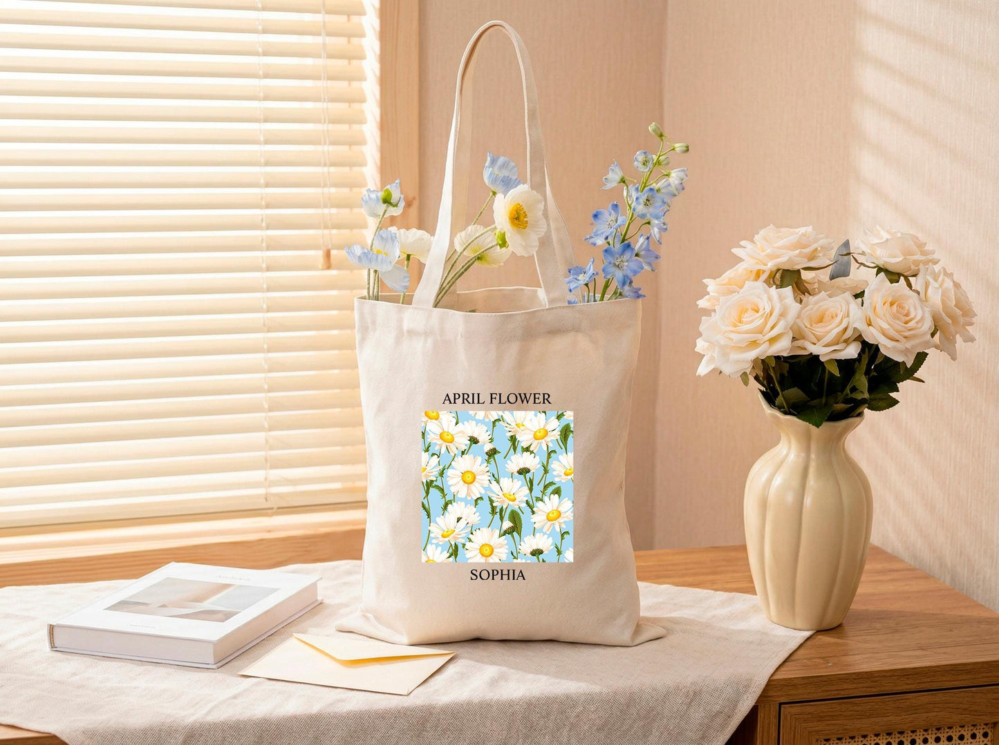 Canvas Tote Bag With April Daisy Birth Flower, Personalized For Her, Custom Name Gift For Mom, Sister, Best Friend, Sweet Birthday Surprise