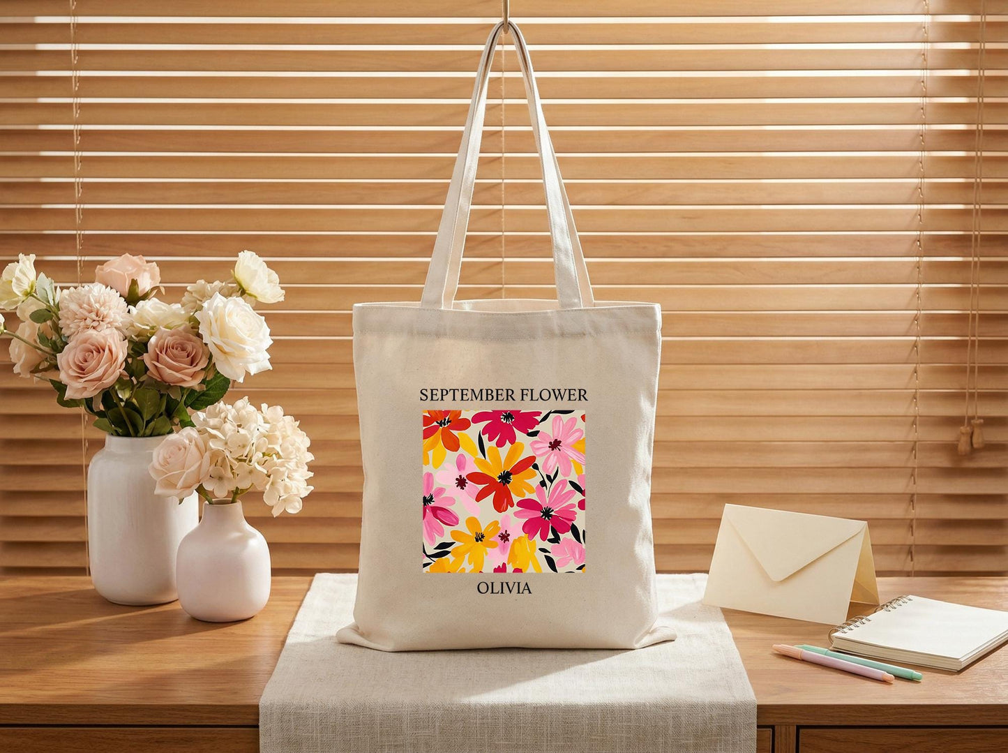 Cotton Canvas Tote Bag, Personalized Birth Flower Name, September Flower, Teacher Tote, Book Club Bag, Reader And Planner Carryall