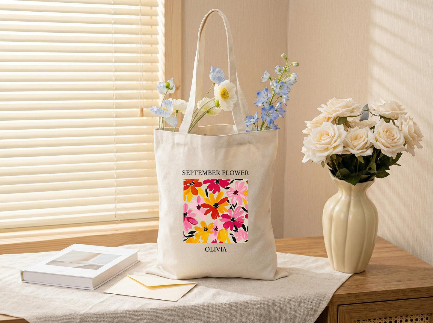 Cotton Canvas Tote Bag, Personalized Birth Flower Name, September Flower, Teacher Tote, Book Club Bag, Reader And Planner Carryall