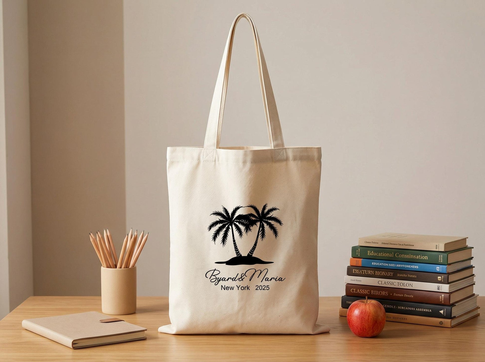 Canvas Tote Bag Personalized Palm Tree Names Date | Gift For Newlyweds, Engagement Present, Anniversary Keepsake, Custom Couple Tote